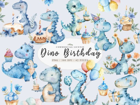 Download Watercolor Blue Dinosaur Birthday Clipar - Birthday Collection
