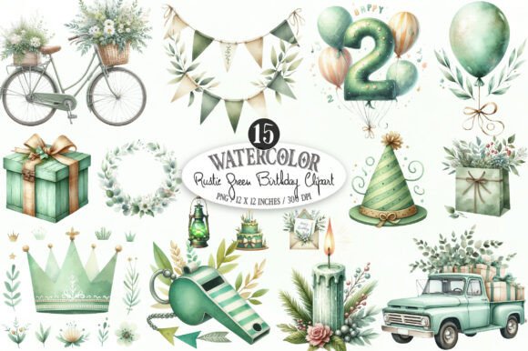 Download Rustic Green Birthday Watercolor Clipart - Birthday Collection